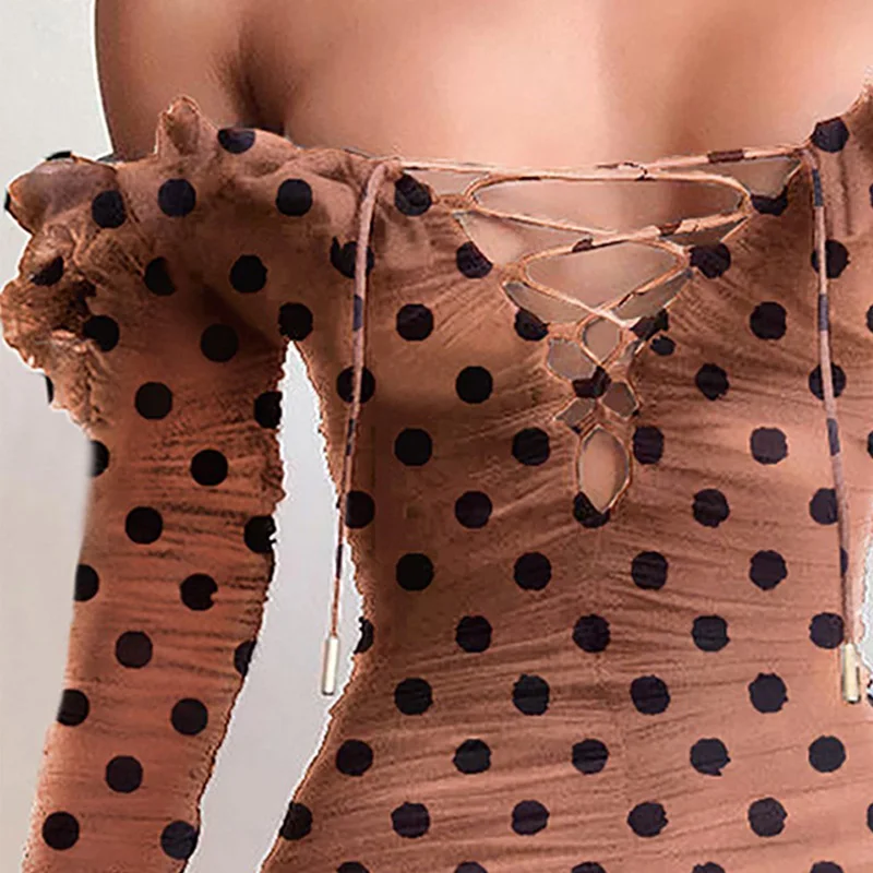 Polka Dot Off Shoulder Frill Lace-up Ruched Bodycon Dress