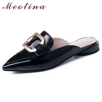 

Meotina Spring Flats Women Shoes Patent Leather Flat Mules Shoes Buckle Pointed Toe Shoes Female Footwear New Red Big Size 33-43