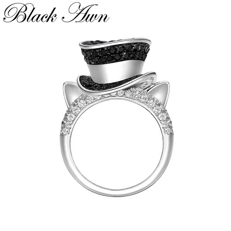 BLACK AWN 925 Sterling Silver Jewelry Cat Hat Ring For Women G099