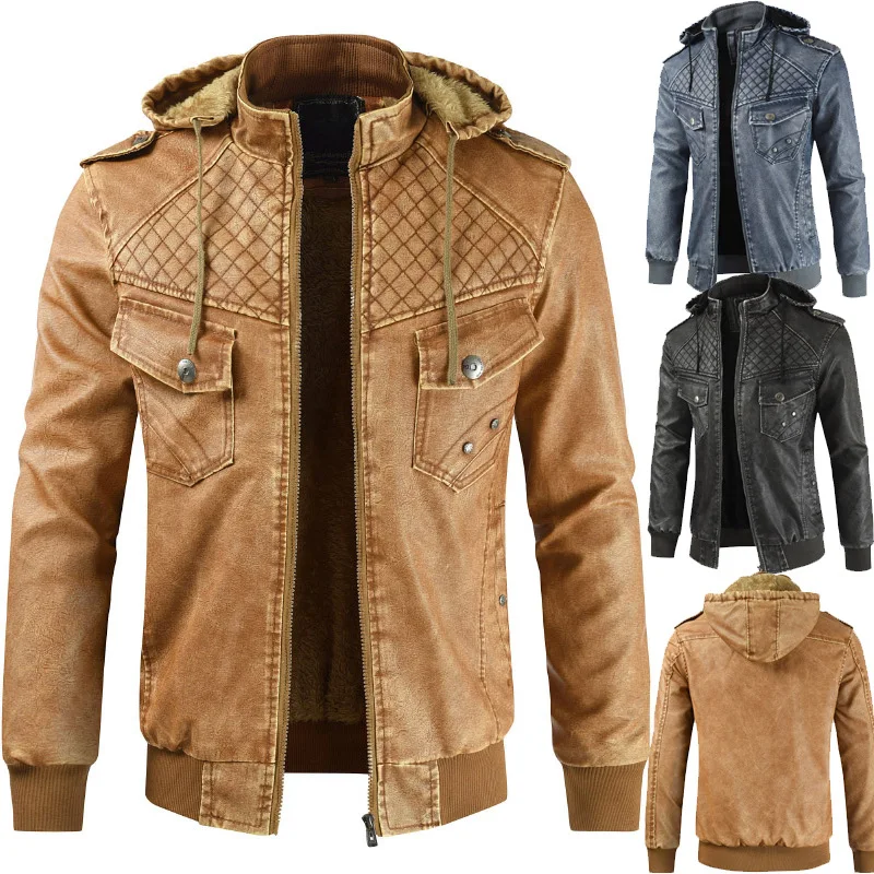 

Amazon Cross Border 2018 Foreign Trade New Style Men Hooded Leather Coat plus Velvet Stand Collar Jacket Hat Deconstructable