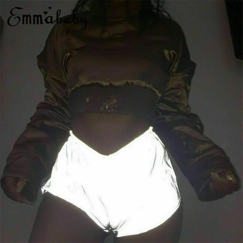 

Night Light Reflective Shorts Women Hip Hop Shiny Short Pants Casual Shorts Solid Color Low waist Elastic Waist Sexy Shorts