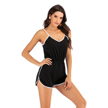 

2020 New Summer Women Playsuit Casual Rompers Sexy Spaghetti Strap Slim Fit Jumpsuit Female Drawstring Waist Bodysuit Sportswear