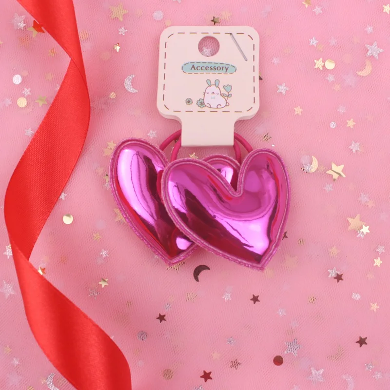 rose red Новинка года, искусственная кожа, неровные, 50 мм, Детские эластичные резинки для волос с сердечком, для девочек, аксессуары для волос для детей, 2 шт./лот - Цвет: rose red