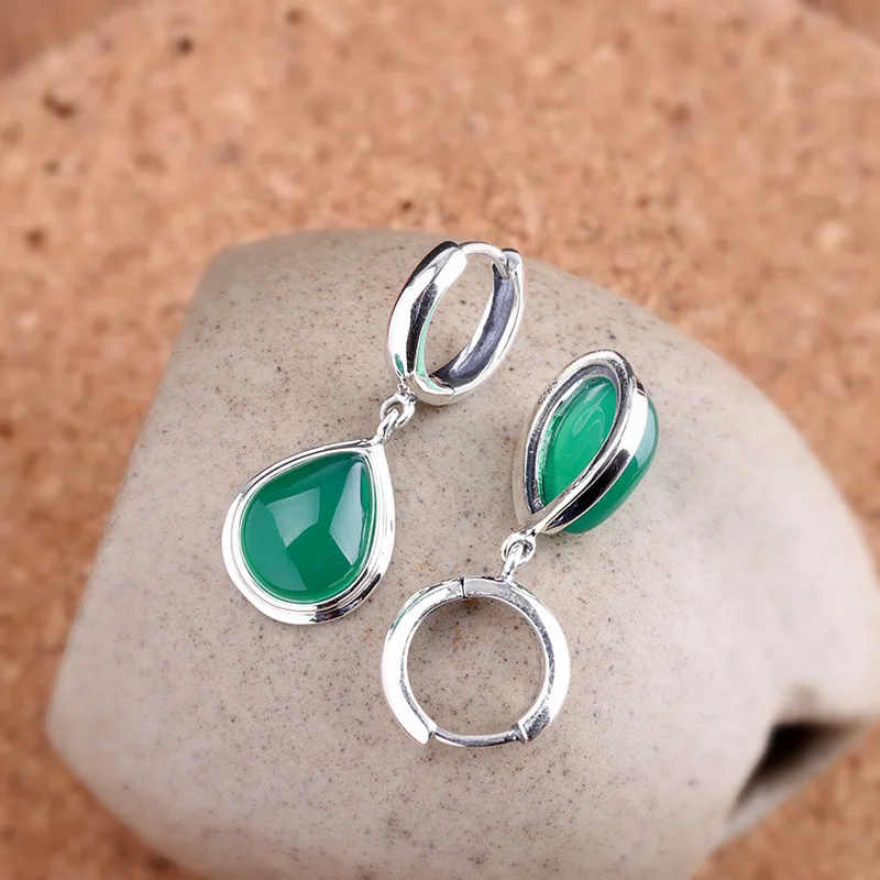 100% 925 Sterling Silver retro Feng Shui drop shaped green jade earrings
