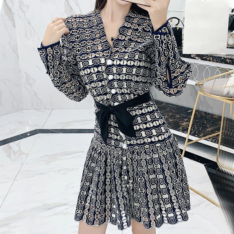 

Fall New Lady Ruffles Sequin A-line Dress Elegant Hollow Out Long Sleeve V Collar Dress Office Lady Vestidos