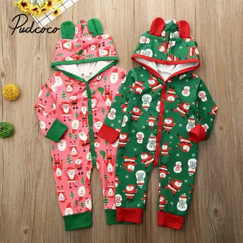 

pudococ 2020 New christmas baby boy girls romper long sleeves infant newborn baby hooded romper first baby christmas clothes Red
