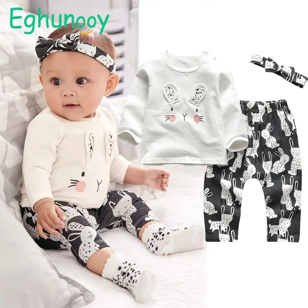 Infant Clothing Outfits Pants T-Shirt Headband Newborn Baby-Girl Rabbit-Pattern Cartoon