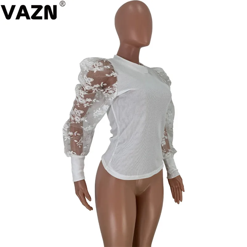 VAZN,, юные Неопрятные Лоскутные кружевные вязаные футболки, сексуальные, модные, белые, круглый вырез, полный рукав, женские, обычные, тонкие футболки