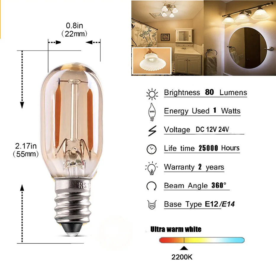 Genixgreen DC Ac 12V 24V E14 LED-Lampe T22 1W  Niederspannungs-Röhren-Glühfaden-Glühbirne E12 Kandelaber LED-Lampe RV  Lokomotive Raumleuchten