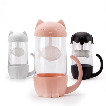 

280ml Cute Cat and Dog Glass Tea Mugs With Fish Infuser Strainer Filter Office Cup Novelty Gifts