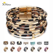Boho Leopard, кожаный браслет для женщин, многослойный кожаный Браслет-манжета, хрустальный бисер, стразы, браслет, ювелирное изделие, подарок для девочек