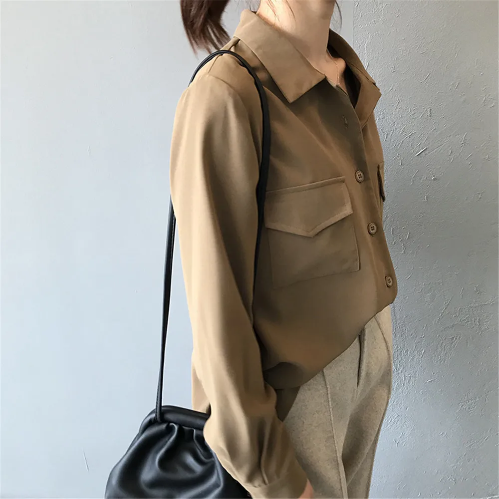 Autumn Solid Women Blouse 2019 Casual Lapel Double Pockets Blouse Shirt Flannel Shirts Female Long Sleeve Tops Y0576 (7)