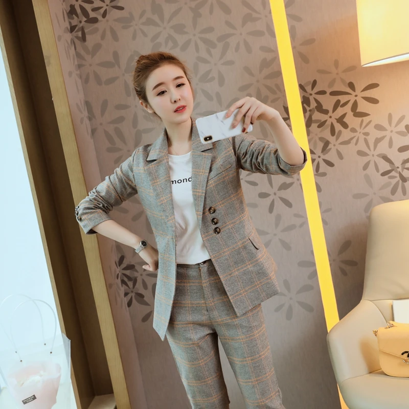 Voorjaar nieuwe Koreaanse mode темперамент Тонкий женский плед jas vrouwelijke negen broek pak tij elegante herfst tweedelige