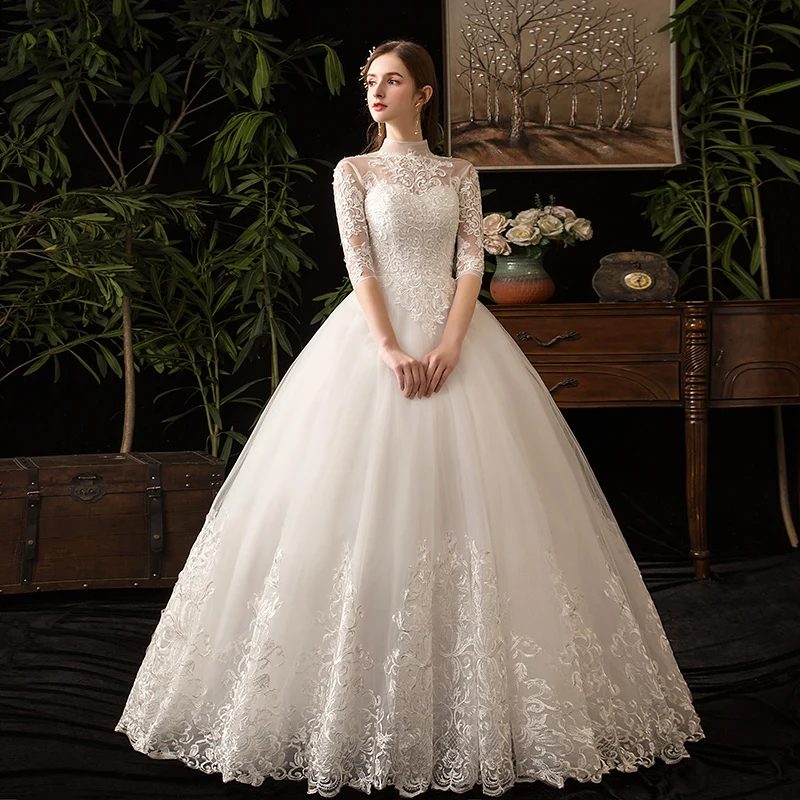 Свадебное платье с коротким рукавом, с 100 см шлейфом, Vestido De Novia, новое зимнее винтажное, высокий вырез, открытая спина, кружевное бальное платье, большие размеры