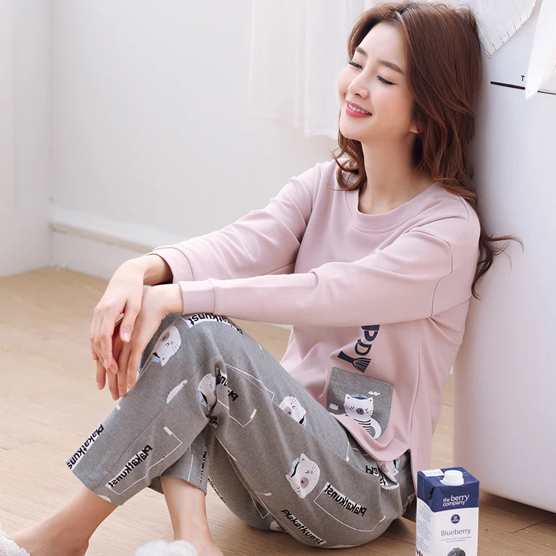 

MELIFLE Autumn Cute Cartoon Print Women Warm Sleepwear All-Cotton Long Sleeve O-Neck Pajamas Set Casual Mujer Homesuit Nightwear