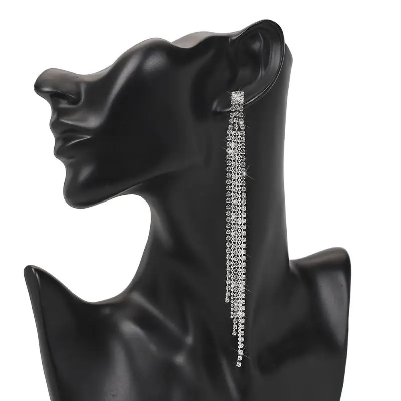 New Silver Color Rhinestone Crystal Long Tassel Earrings For Women Bridal Dangling Drop Brincos Wedding Jewelry | Украшения и
