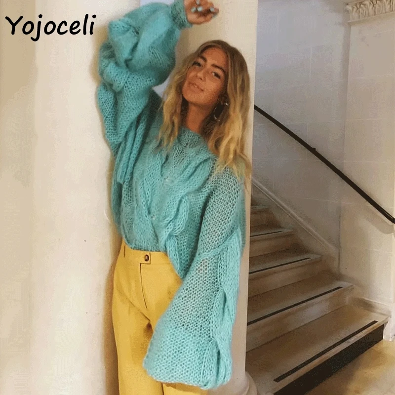 Женский вязаный свитер с косами Yojoceli Свободный пуловер круглым вырезом и
