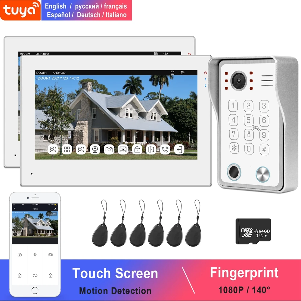 WiFi Video Intercom For Home TUYA IP Intercoms Touch Screen 2 Monitors 1080P Doorbell Camera Fingerprint Password IC Card Unlock
