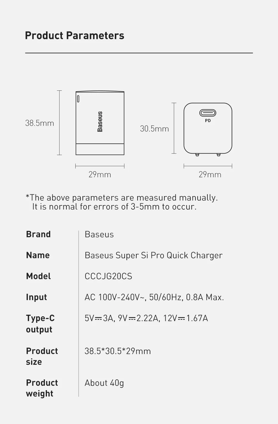 Cốc sạc nhanh nhỏ gọn Baseus Super Si Pro Quick Charger 20W