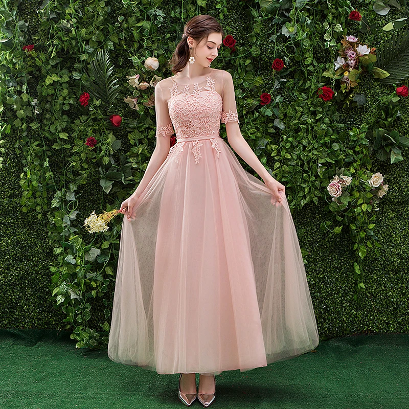 Розовое длинное короткое платье подружки невесты размера плюс, серое, с вышивкой, иллюзия, тюль, элегантное платье для свадьбы, выпускного вечера, вечерние платья, простое сексуальное платье для выпускного вечера - Цвет: 902 long pink