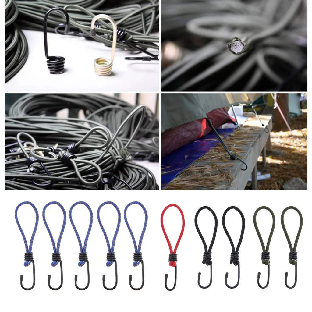 6pc Élastique Cords fils avec Zinc Crochet Câble Straps Elastic Rope Camping 