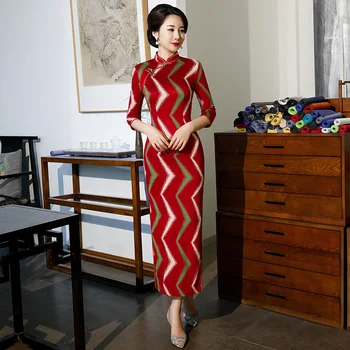 

Red Winter Woolen Womens Cheongsam Sexy Chinese style Long Dress Mandarin Collar Qipao Slim Party Dresses Button Vestido M-5XL