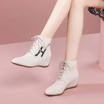 

MLJUESE 2021 women ankle boots Cow leather winter short plush beige color lace up wedges heels female ankle boots size 42