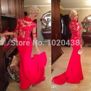 

robe de soiree free shipping highneck vestido de festa formal gown Custom chiffon red lace long sleeve party evening dress 2015
