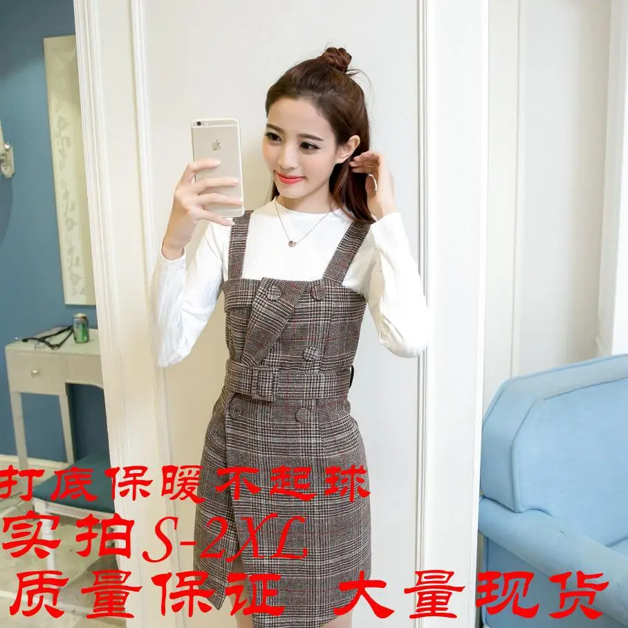 

Decoration Body Double Breasted Plaid Woolen Dress Strap Dress Slimming Fashion Two Pieces Dress Outfit Women's
