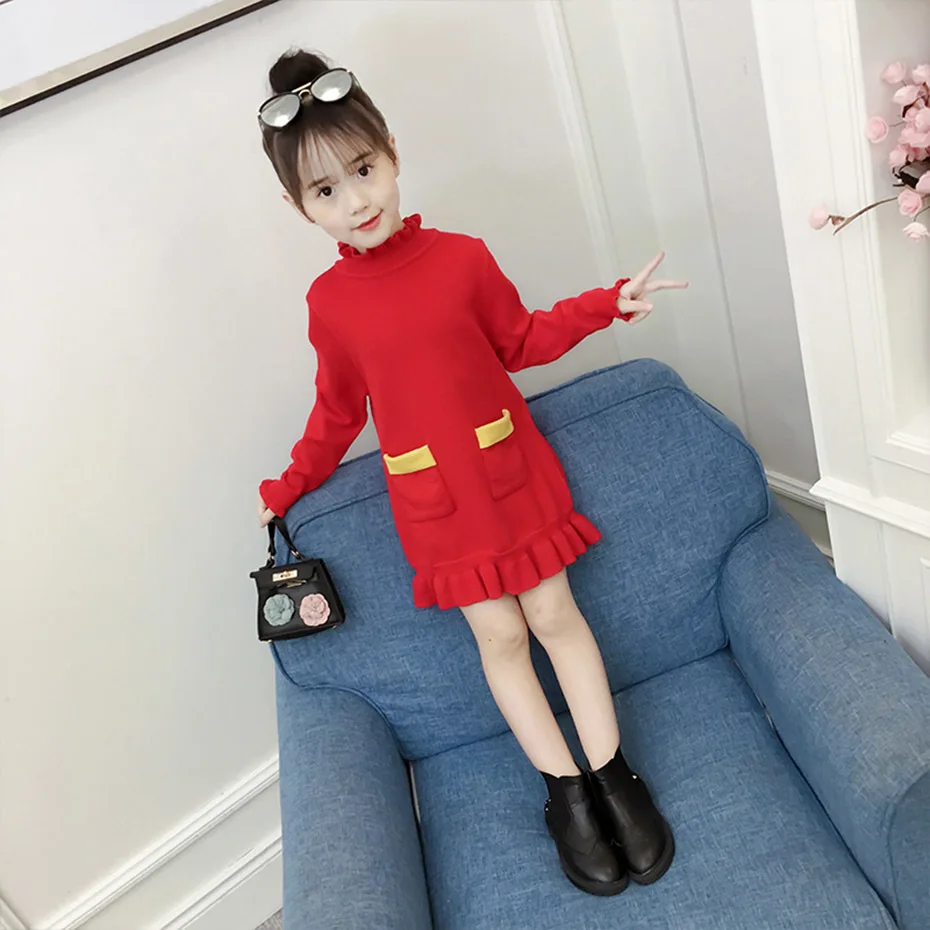 Abesay/осенние свитера с рисунком для девочек свитера с длинными рукавами для девочек, зимняя детская одежда для девочек-подростков 6, 8, 12 лет - Цвет: Red