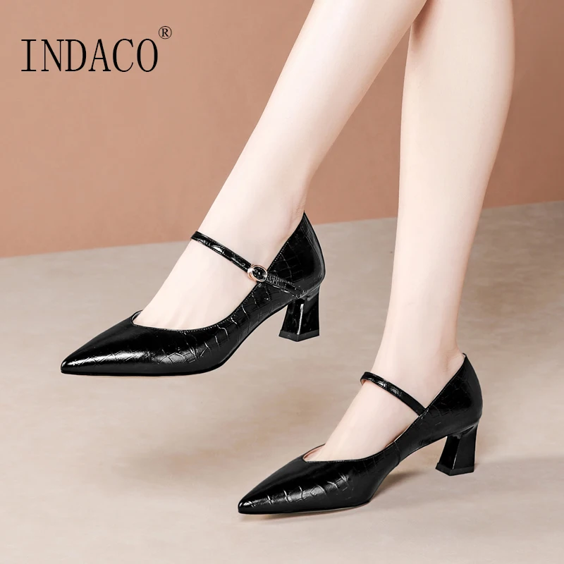 

Black Beige Mary Janes Mid High Heel Pumps Pointed Leather Women Heels 5cm