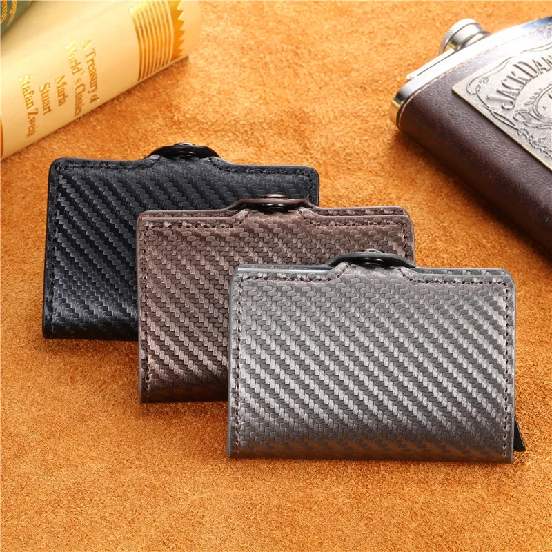 Bisi Goro New Coin Purse Anti-theft Carbon Fiber Credit Card Holder Male ID Holder With Zipper RFID Business Button Wallet