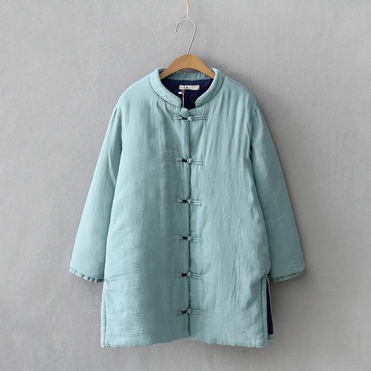 

2018 Autumn And Winter New Style Cotton Linen Retro Frog Stand Collar Slit Warm Mid-length Solid Color Cotton-padded Clothes Wom