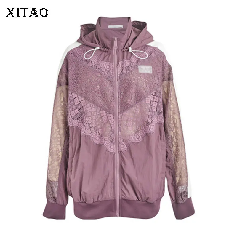 XITAO/Лоскутная кружевная куртка с капюшоном и воротником, новинка 2019 года, Осеннее тонкое Свободное пальто с длинными рукавами в Корейском