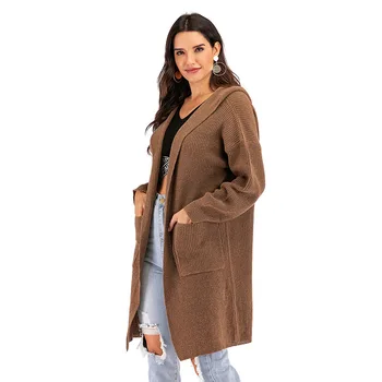 

2020 Women Solid Sweater Long Cardigan Fashion Knitted Female Sweaters Free Shipping Open Stitch Hooded Autumn Winter Jumpers