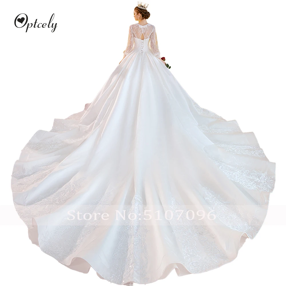 Optcely супер великолепное Ретро бальное платье с длинным пышным рукавом и круглым вырезом, атласные свадебные платья с аппликацией из бисера, элегантные платья со шлейфом