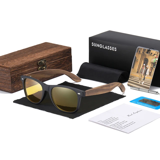 GM Brand Walnut Wooden Polarized Men's Sunglasses Square Frame Sun glasses Women Sun glasses Male Oculos de sol Masculino S7061h Night Square Box