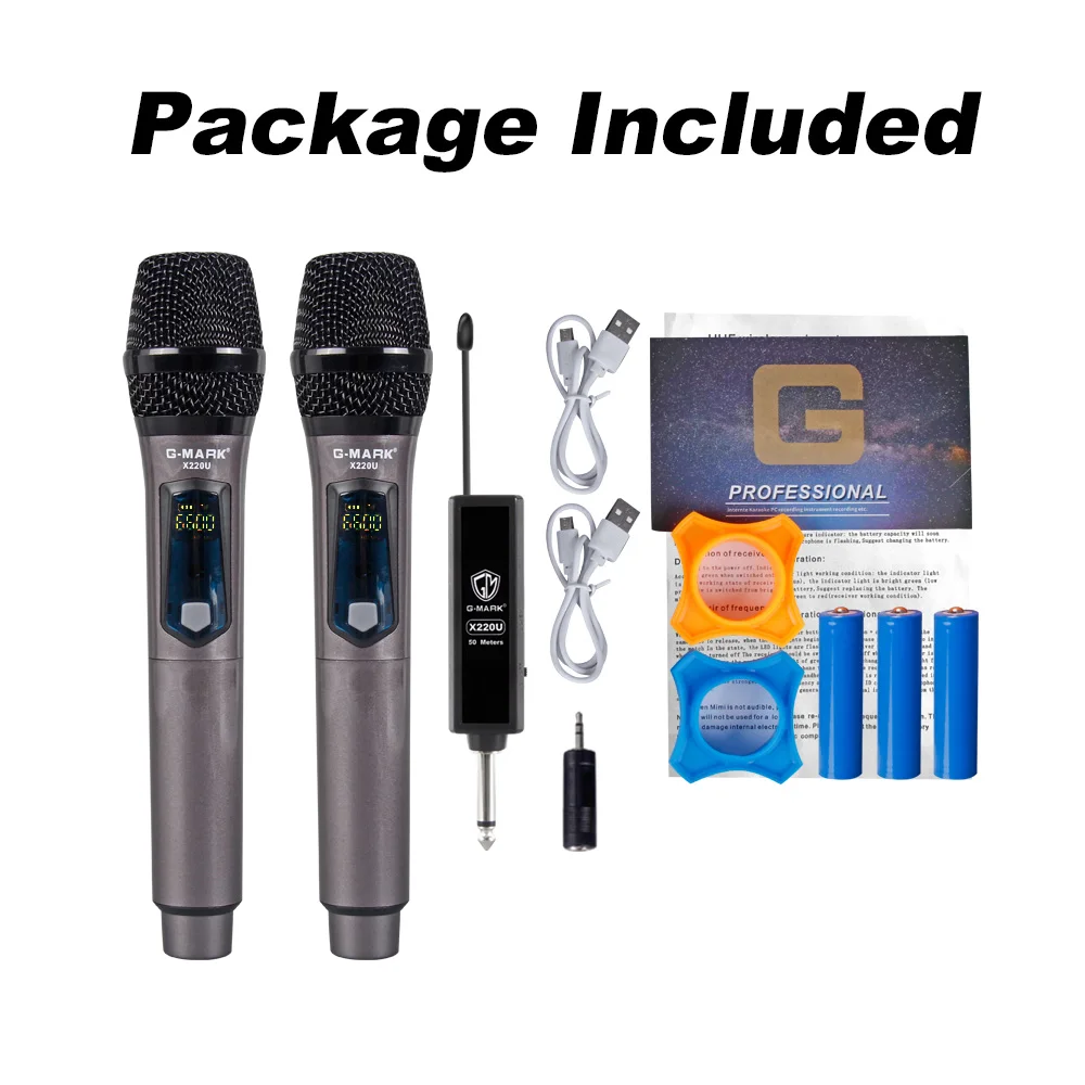 G-MARK X220U UHF Wireless Microphone Recording Karaoke microphone Handheld 2 channel lithium battery 50m receiving distance