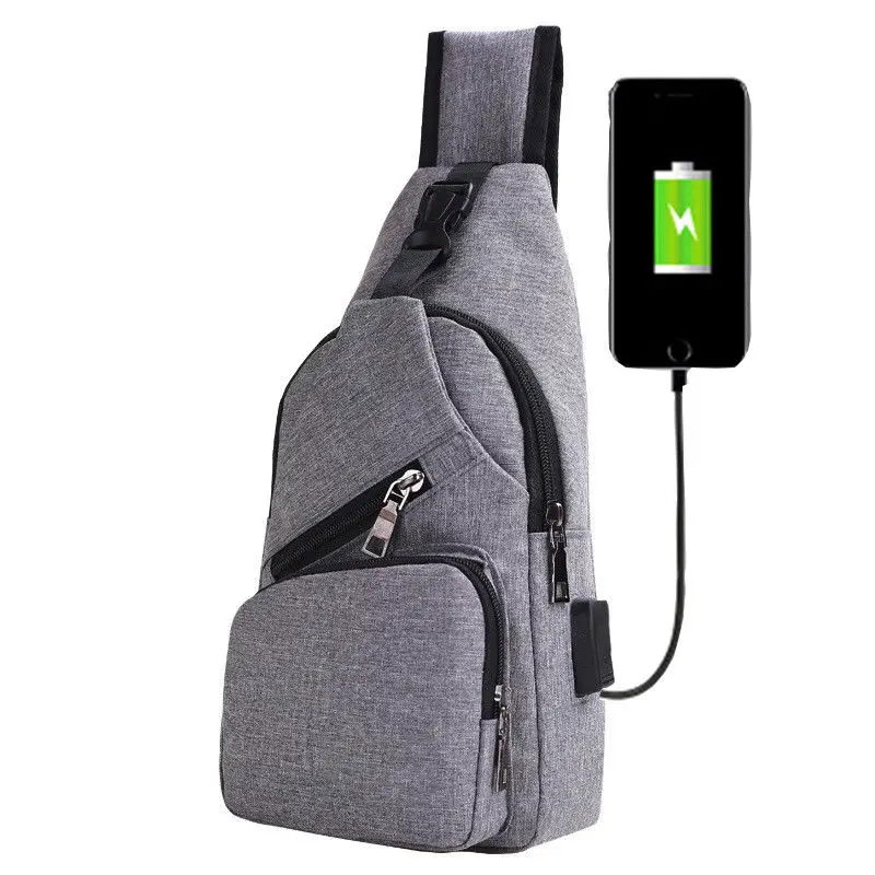 Местный запас Мужская холщовая нагрудная сумка для активного отдыха Наплечная Сумка через плечо с usb-зарядной сумочкой - Цвет: Серый