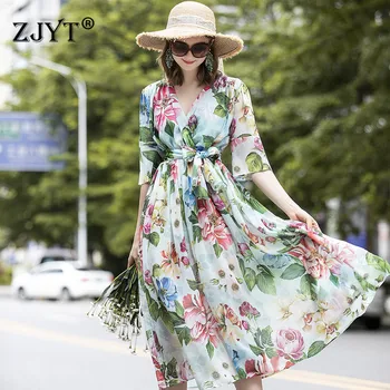 

Fashion Runway Dress Designers 2020 Women High Quality Summer Clothes Elegant V Neck Lace Up Floral Print Holiday Beach Dresses