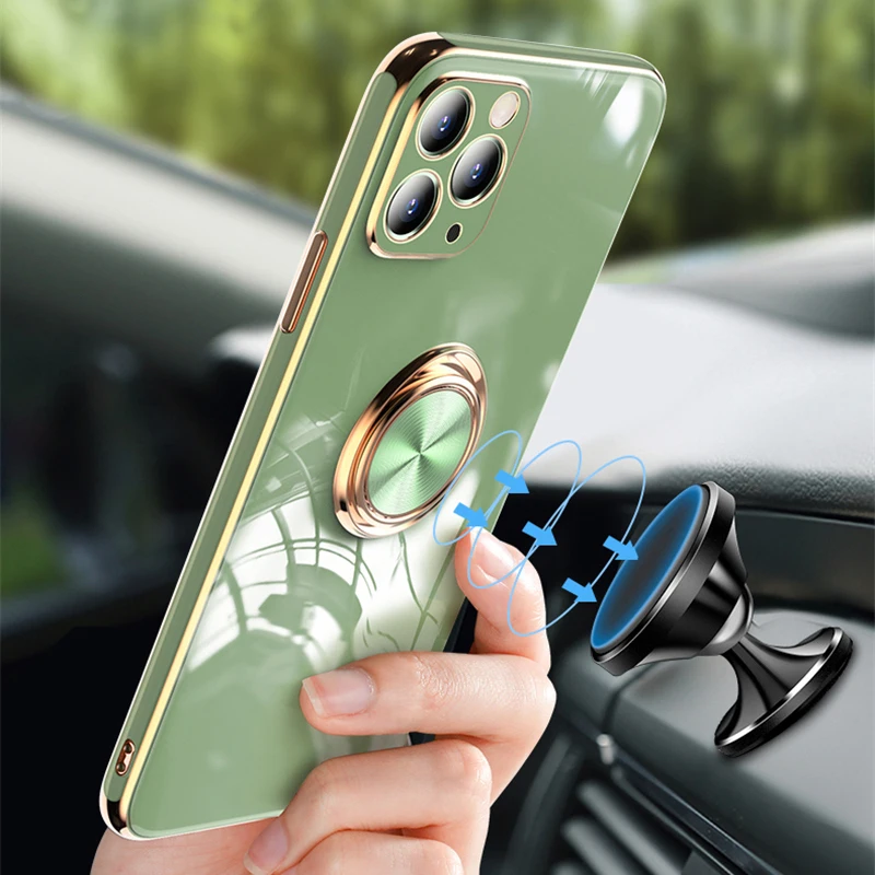 Plating Silicone Case For iPhone 12 11 Pro Max Mini XS XR X 7 8 Plus SE 2020 Phone With Ring Holder Stand Soft Cover funda coque