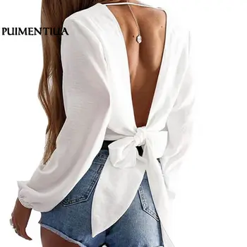 

Puimentiua Women Sexy Backless Bandage Bow Blouses Long sleeve V-Neck Cropped Shirts Female White Elegant Office Lady Blusa Tops