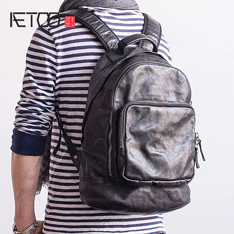 

BJYL Head cowhide men's doubles shoulder bag retro trendy leather backpack
