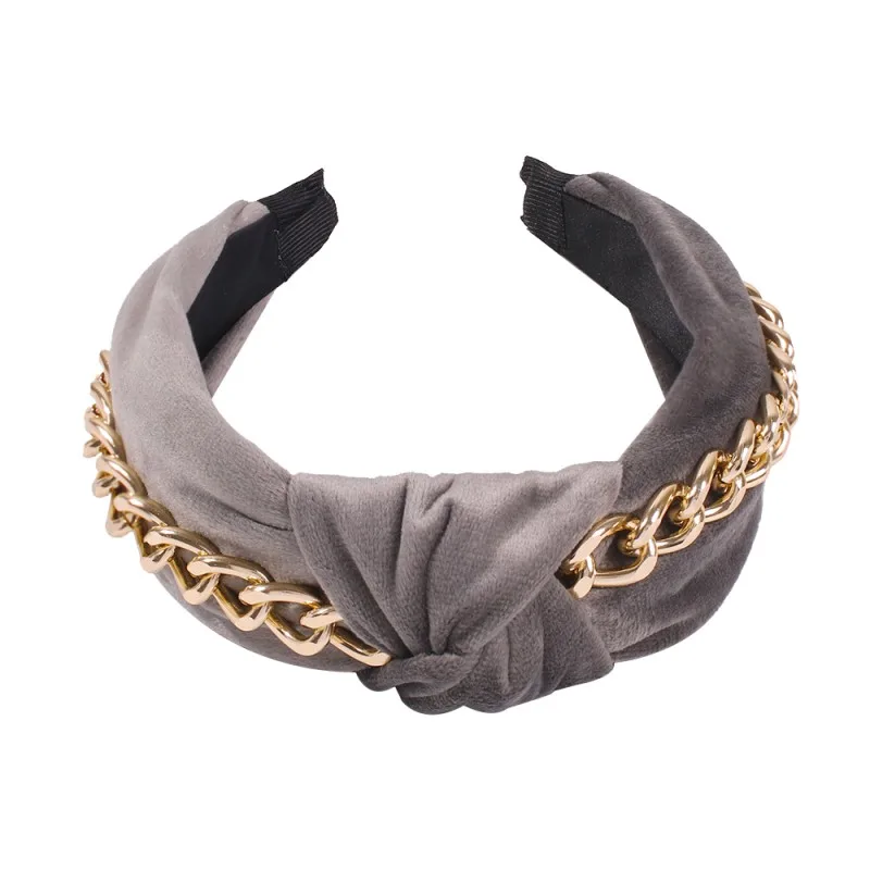 gray hairband Бархатная повязка на голову в стиле панк с золотой металлической большой цепочкой, украшенные завязанными кручеными широкими краями, повязки на голову для женщин и девушек, вечерние ювелирные изделия, подарки - Окраска металла: gray hairband