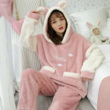 

Pink Cute Cartoon 2PCS Pajama Suit Young Lady Hooded Top&Pant Home Clothes Lounge Coral Velvet Pijama Winter New Warm Sleepwear