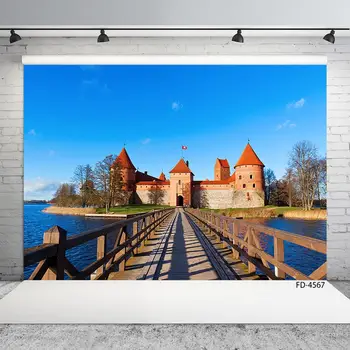 

Scenic Wooden Bridge River Castle Blue Sky Scenery Background Children Young Portrait Photography Backdrop For Photo Studio Prop