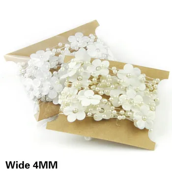 

5Yards/lot 4MM Wide White Beige 3d Flowers Lace Connected Beads Chain Ribbon Banquet Party Wedding Home Furnishing DIY Material