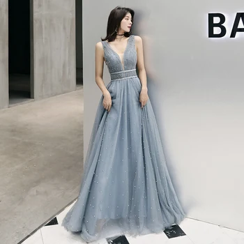 

AE519 Real Photo Grey V Neck Evening Gowns 2020 Sleeveless Pearls Fashion Sexy Elegant Formal Evening Dress