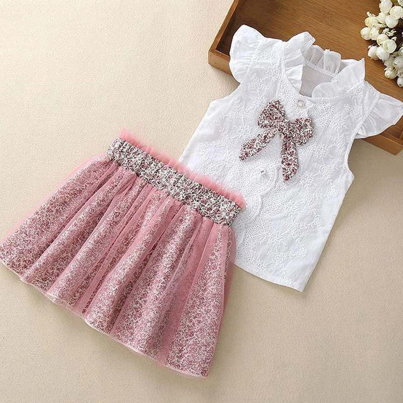 

Girl clothes Spring Summer For 3-7 Year Girl 2 pcs Set Children Girl Clothing Outfit Set Sleeveless Floral Tee +Flower Skirts