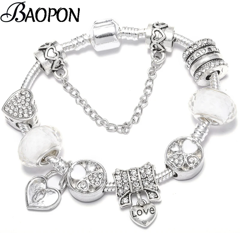 BAOPON Винтаж Серебряный Кристалл Любовь браслет с подвеской DIY белый муранский тонкие браслеты для женщин ювелирные изделия